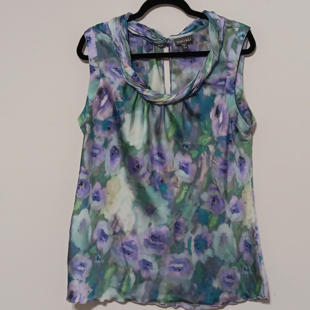 Roz & Ali Floral Watercolor Sleeveless Blouse in Purple and Green